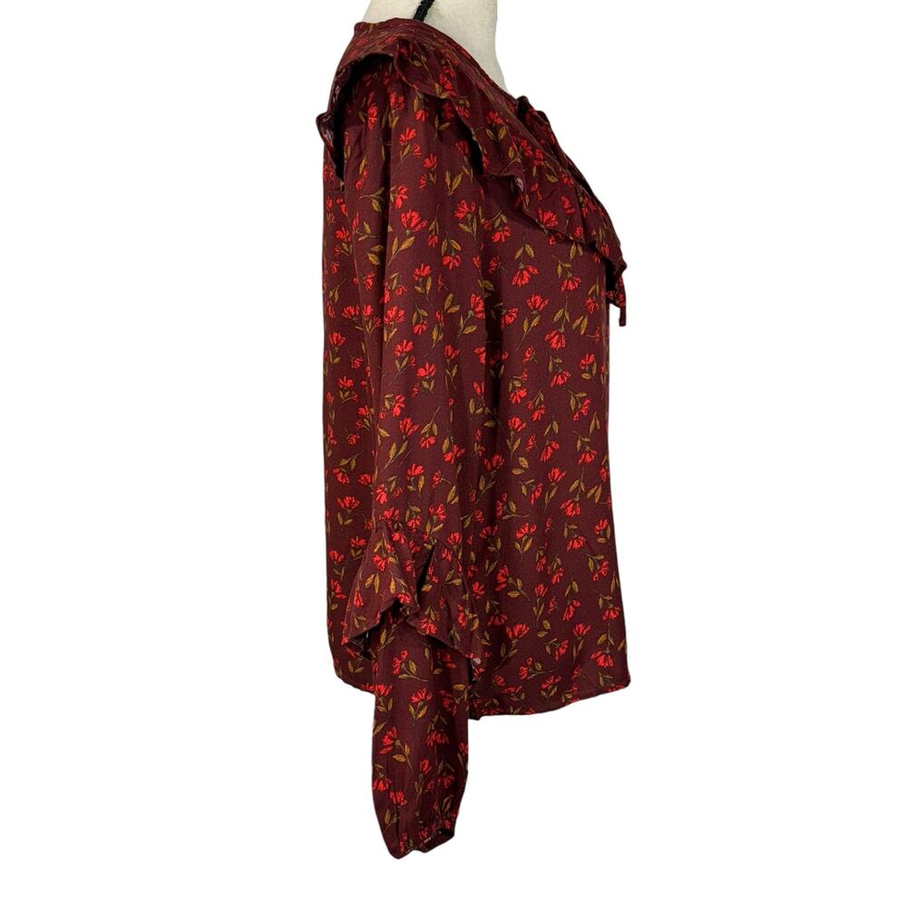 Sonoma Medium Top Floral Ruffled Long Sleeve Tie Keyhole Neck Dark Rust Multi - Picture 3 of 9